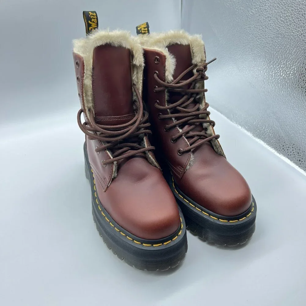 Dr Doc Martens JADON FL Leather Faux Fur Lined Platform Boots Brown sz 7